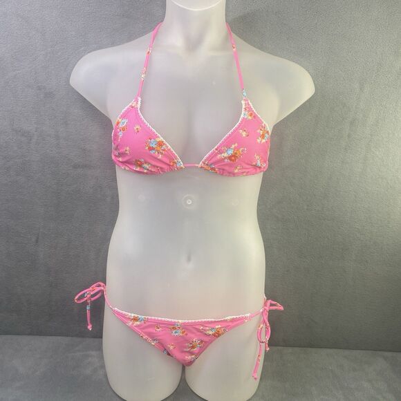 AGUA DOCE Brazilian 2-pc Bikini Size Large Pink Flowers Lace Trim Hip Tie - Picture 10 of 12